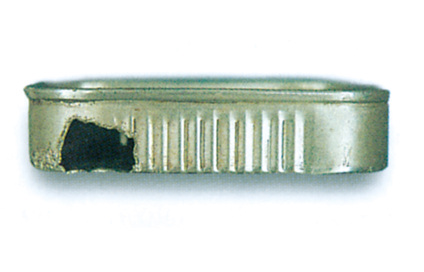 Hole in sardine can gnawed by rat